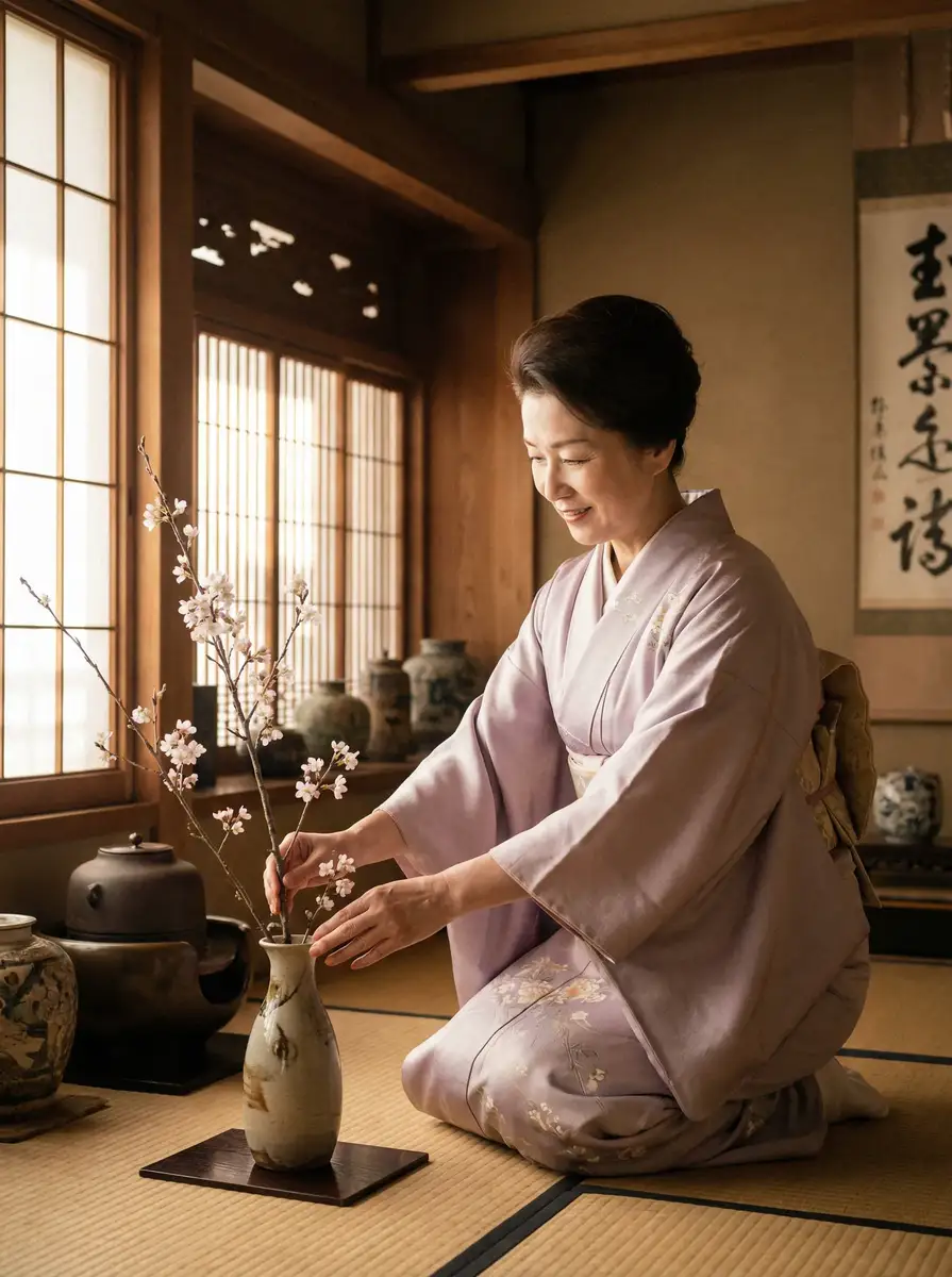 一位优雅的 莱茵体育网址 在和室中插花