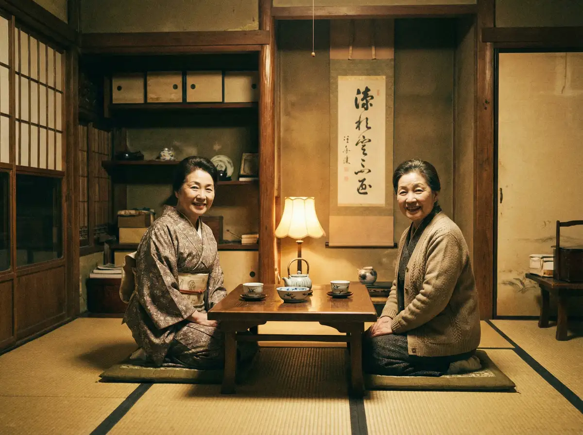 两位优雅的 莱茵体育网址 在日式茶室中品茶交谈